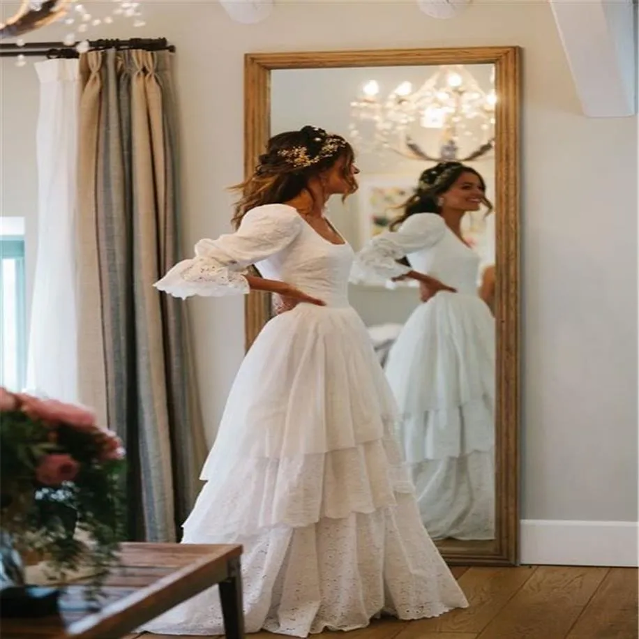 rustic bohemian dress Unique Long Sleeves V Back Boho Beach Rustic Lace Wedding Dresses
