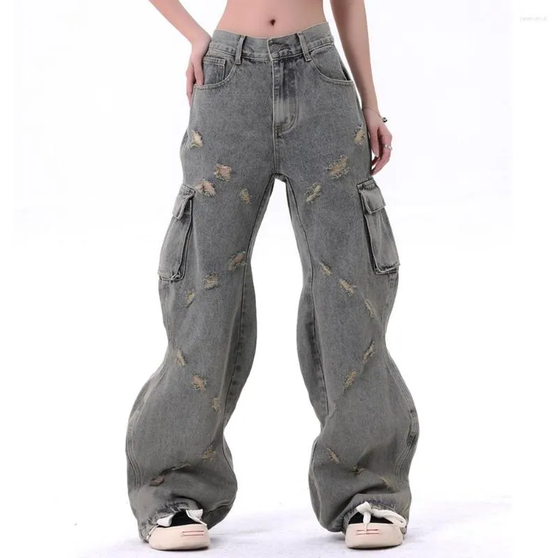 Kadınlar kot houzhou harajuku yırtık kargo kadınlar tasarımı düşük bel fırçalamalı hip hop denim pantolon pantolonlar erkek rahat sokak kıyafetleri