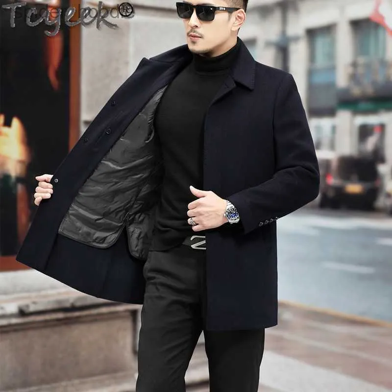 Misturas de lã masculina Tcyeek 100% caxemira casacos de lã dupla face para homens roupas de inverno espessadas forro quente casaco masculino de comprimento médio S-8XL L230919
