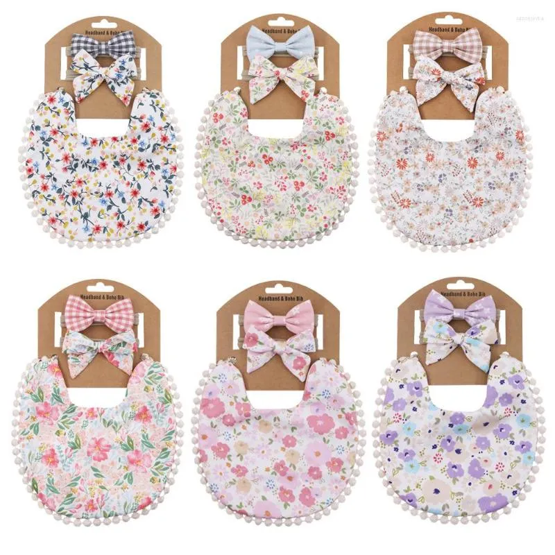 Hair Accessories Saliva Plaid Printed Linen Cotton Baby Double-sided Bib Towel Headband Set