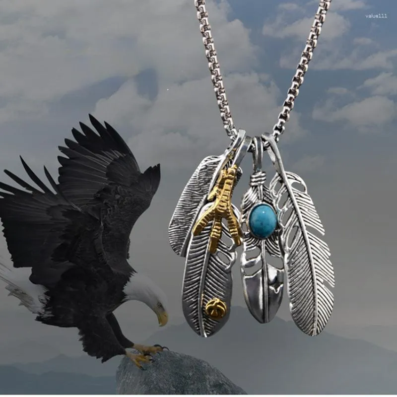 Colares Pingente Vintage Eagle Garra Pena Colar Para Mulheres Homens Bohemian Antique Prata Cor Folha Longa Moda Festa Jóias