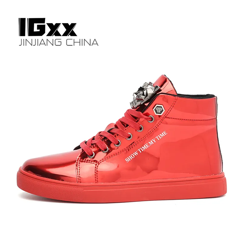 Stivali IGxx Sneakers da uomo Stivaletti punk per uomo Rivetto in metallo High Top Lace-up Scarpe da basket da corsa per decorazione in metallo lucido 230919