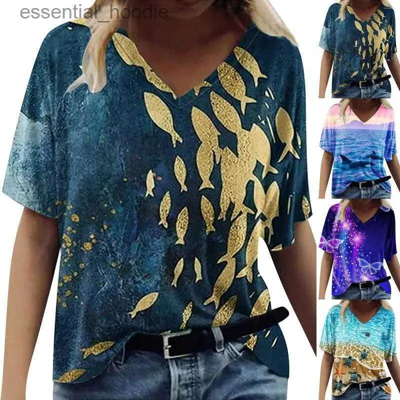 Kvinnors blusar skjortor Kvinnors T -skjortor Ladies Ocean Fish Butterfly Turtle Print V Neck Topp Kort ärm Sports syntetiska långa skjorta Kvinnor Polyester Tees L230919