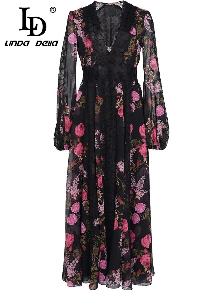 Urban Sexy Dresses LD LINDA DELLA Designer Herbst Winter Kleid Damen Spitze Laterne Ärmel Hohe Taille Blumendruck Party Vintage Schwarz Midi Kleid 230918