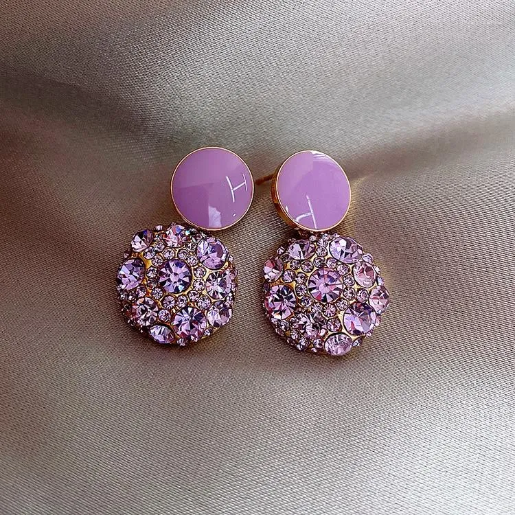 Boucles d'oreilles pendantes rondes en alliage, mosaïque de cristal violet, Texture Premium, capricieuse, compacte, vigoureuse, bijoux pour étudiante, cadeau Simple