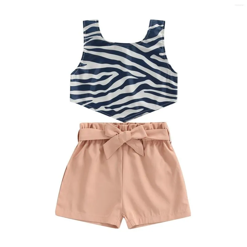 Clothing Sets Toddler Girl Short Pants Outfits Zebra Stripe Sleeveless Pointed Hem Tank Tops Solid Elastic Waist Shorts With Belt Set 1-5T