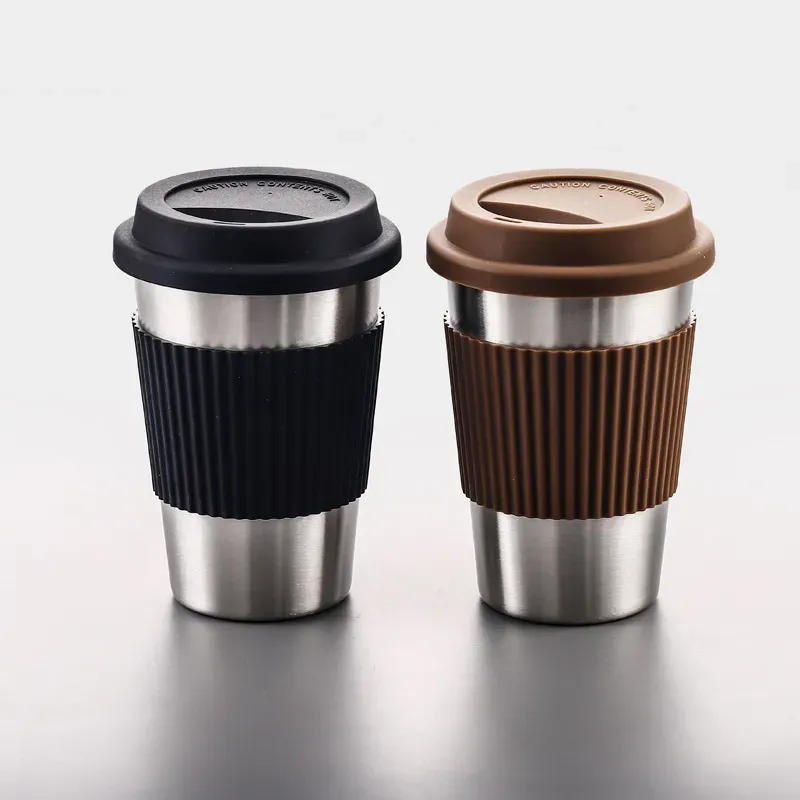 Moda aço inoxidável canecas de café portátil copos para beber com tampas de silicone viagem água coque copo copo de vinho copo reto garrafa de água