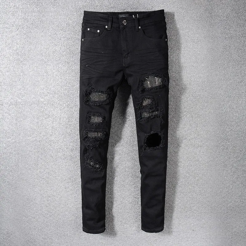 Mens Jeans Black Estruerad Slim Fit Streetwear Style Skador Hål Skinny Stretch Destribed Ribs Patches Ripped 230915