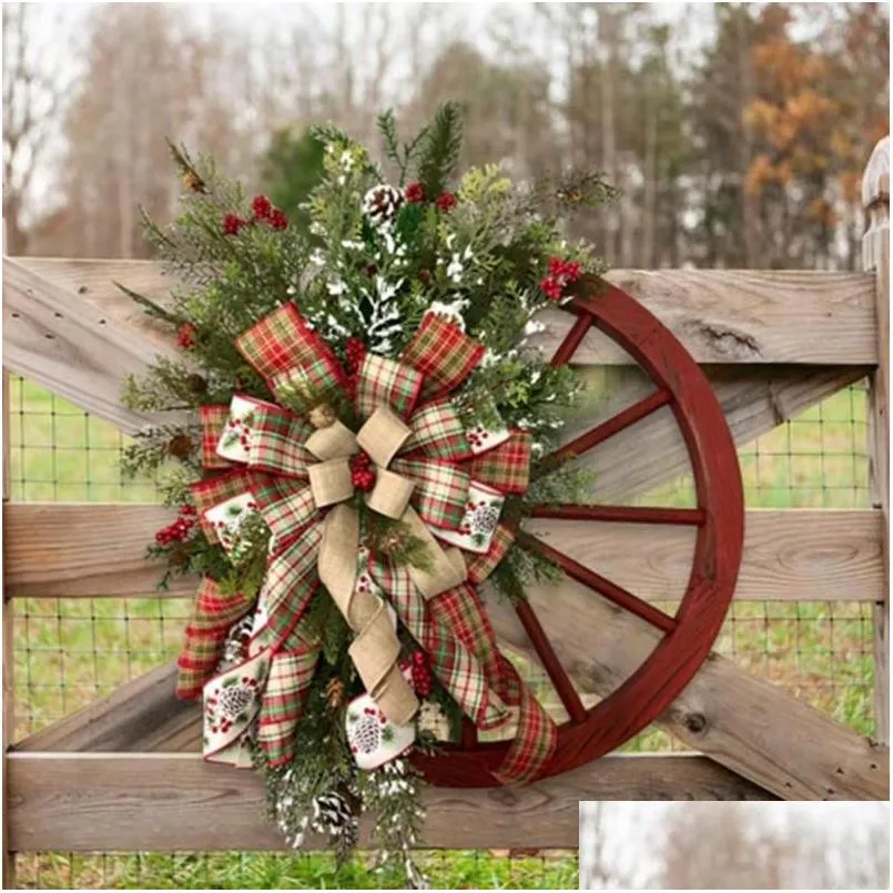 Decorative Flowers Wreaths Xmas Wreath Charming Wood Farmhouse Wagon Wheel Wooden Christmas For Winter Artificial Garlands Drop Delive Dhijd