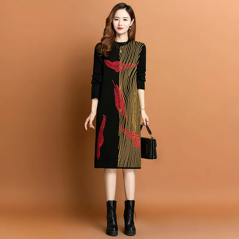 Elegant kontrastfärg Jacquard Sticked Dresses Autumn Winter O-Neck Warm Midi Frocks 2023 Women Designer Long Sleeve Slim Vacation Party Graphic Sweaters Dress