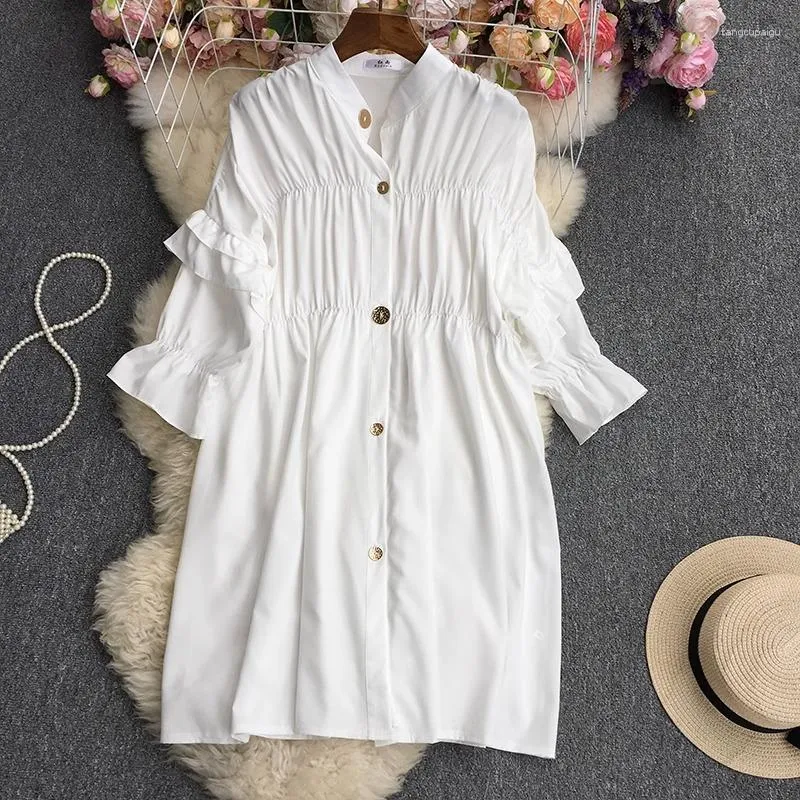 Blouses Femmes Chic Blouse Femmes 2023 Simple Boutonnage Volant Manches Plis Blusas Couleur Unie Polo-Cou Casual Pour Femme Dropship