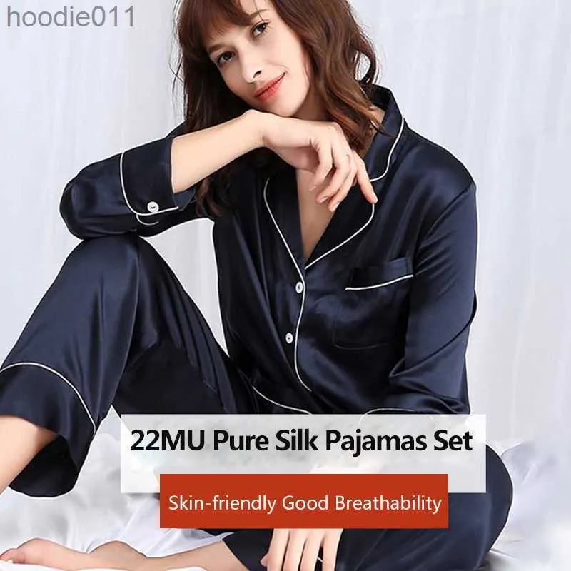 Women's Sleepwear Women 100 Mulberry Real Silk Pajamas Sets 22MU Long Sleeve Trousers Suits Two-piece Silk Home Clothes Sleepwear Ladies Nightwear L230919