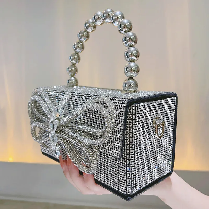 Factory wholesale shoulder bags luxury sweet and lovely bow women chain bag styling square diamond handbag popular shiny beaded retro handbags A079
