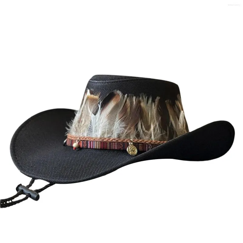 Sombreros de ala ancha Mujeres Hombres Sombrero de vaquero Plumas enrollables vintage Western para fiesta de club