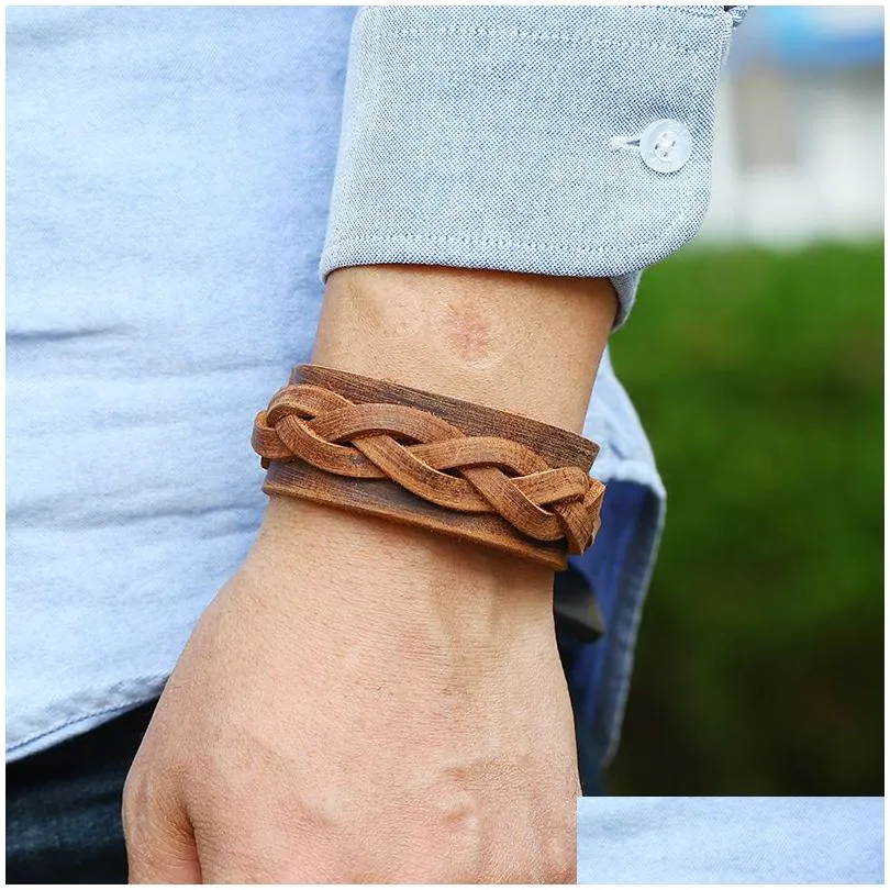 Bangle Weave Ethnic Braid Leather Cuff Button Justerbar armband Wristand för män Kvinnor Fashion Jewelry Drop Delivery Armband DHTV4