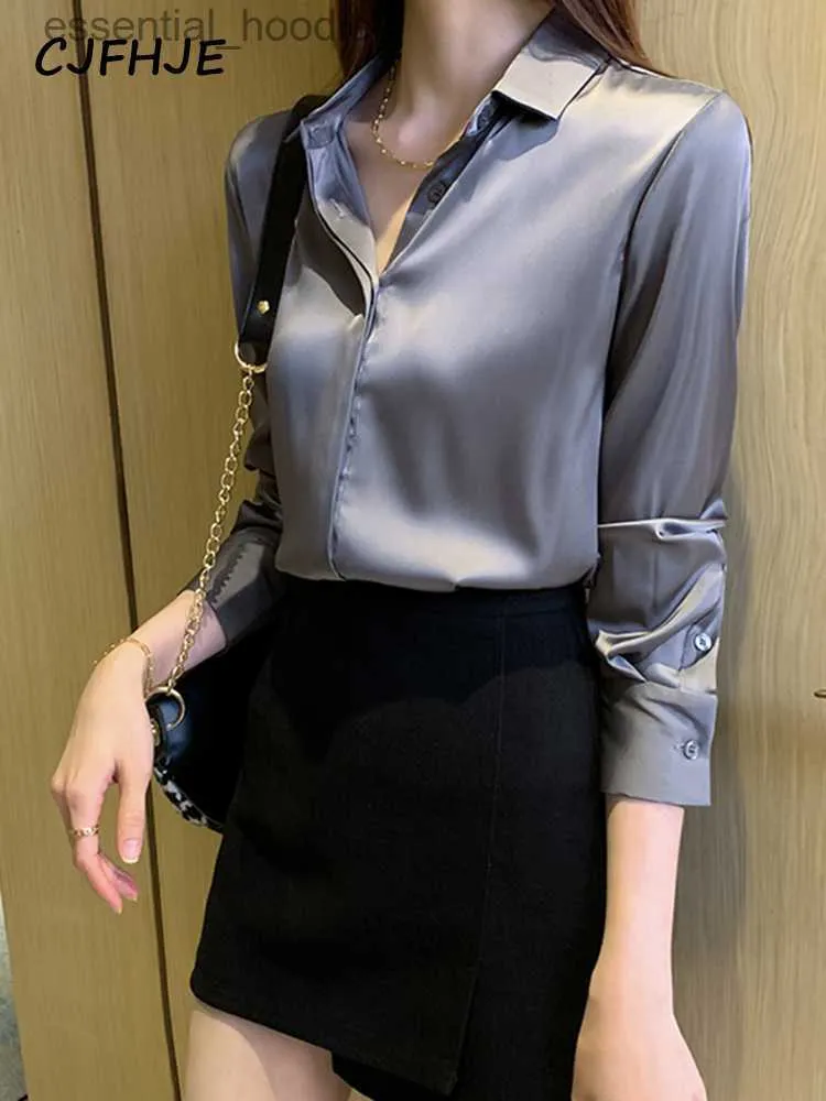 Kvinnors blusar skjortor cjfhje röd siden kvinnor skjorta långärmad satin mode lila blusar kvinnlig fast färg grundläggande eleganta lady tops grå olkläder l230919