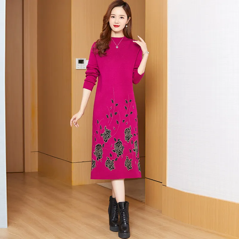 Autumn Winter Floral Red Sweaters Dress 2023 Women Designer Vacation Travel O-Neck Jacquard Sweaters Dress Elegant and Youth Long Sleeve Slim Party Midi Frocks