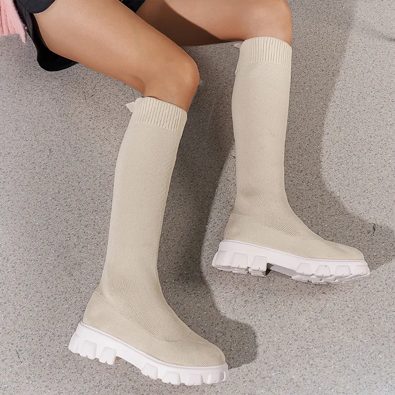 Stiefel Gestrickte Frau Kniehohe Stretch Socke Plattform Frauen Schuhe Herbst Winter Dünne Ferse Runde Kappe Damen Lange Boot 230922