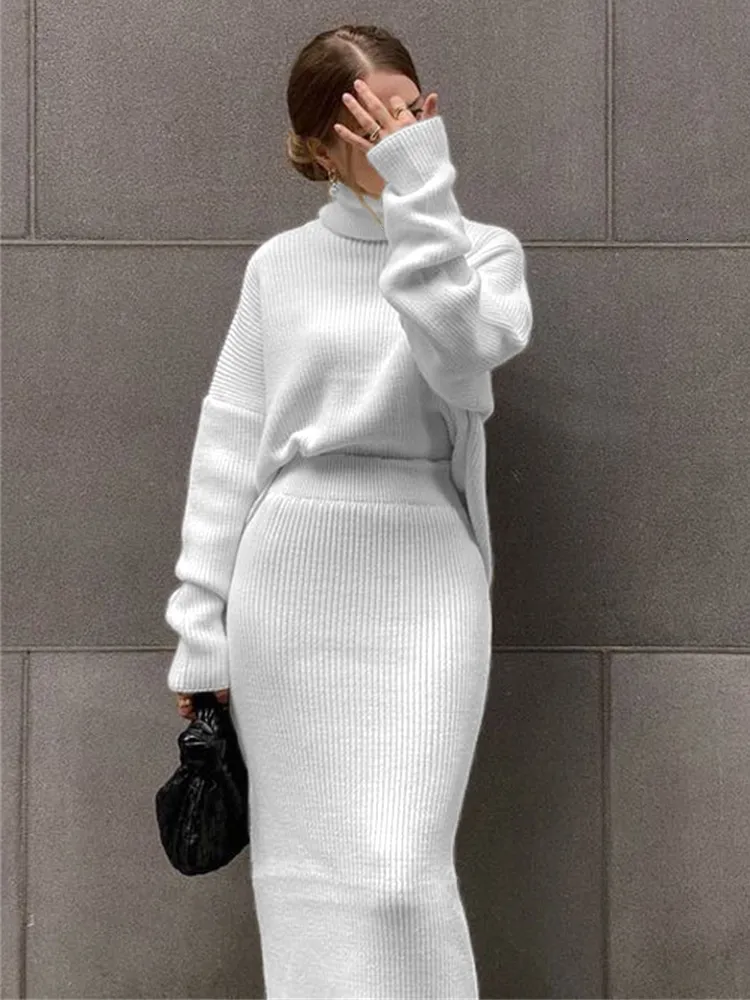 Two Piece Dress TARUXY Ribbed Knit 2 Set Outfits Ladies Knitwear Top And Midi Skirt Sets For Women Casual Winter Sweater 2023 230919