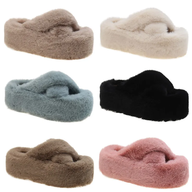 2023 Winter multi-colored plush slippers women thick bottom warm cotton drag black blue pink dark brown color6