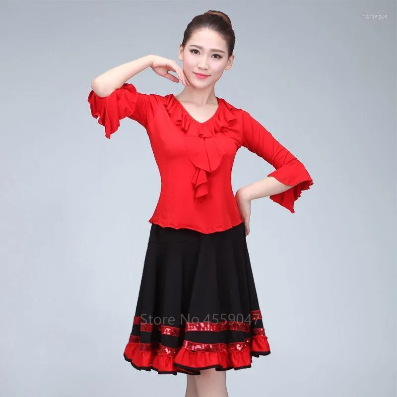 Stage Wear Femmes Espagnol Flamenco Jupe Danse Pratique Paillettes Big Swing Court Dégradé Couleur Performance Gypsy Lady Belly Robe