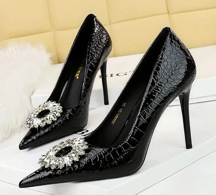 BIGTREE Snake print High Heels Metall Strass Frau Pumpen Hochzeit Dünne Fersen Sexy Party Schuhe 3391-K29