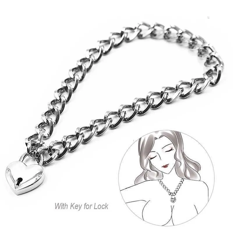 Seksspeeltje Massager Metalen Hals Kraag voor Vrouwen Mannen Flirt Slave Terughoudendheid Hart Lock Ring Rvs Bdsm Bondage Volwassen benodigdheden