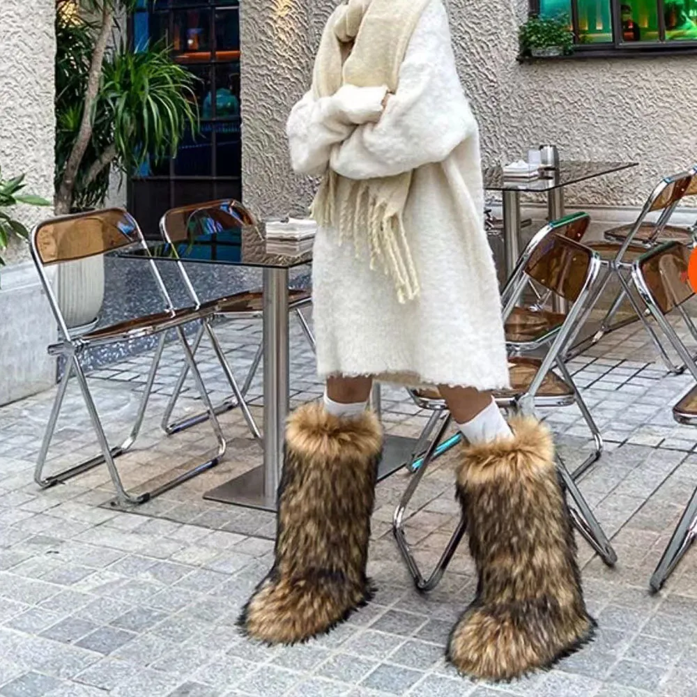 Y2k Shoes Men Yamerbo Faux Fur Boots For Women, Fuzzy Flurry Furry Leg Warm Boots, Winter Mid-Calf Snow Shoes, Round Toe Suede Winter Warm Flat Short Boots For Outdoors | Snow Boots