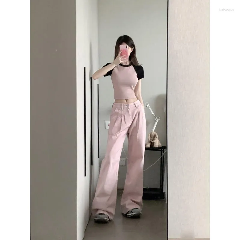 Women's Two Piece Pants Sweet Girl Suit Summer O-neck Solid Color Raglan Sleeve T-shirt High Waist Wide Leg Pink Pleated Jeans Two-piece Set