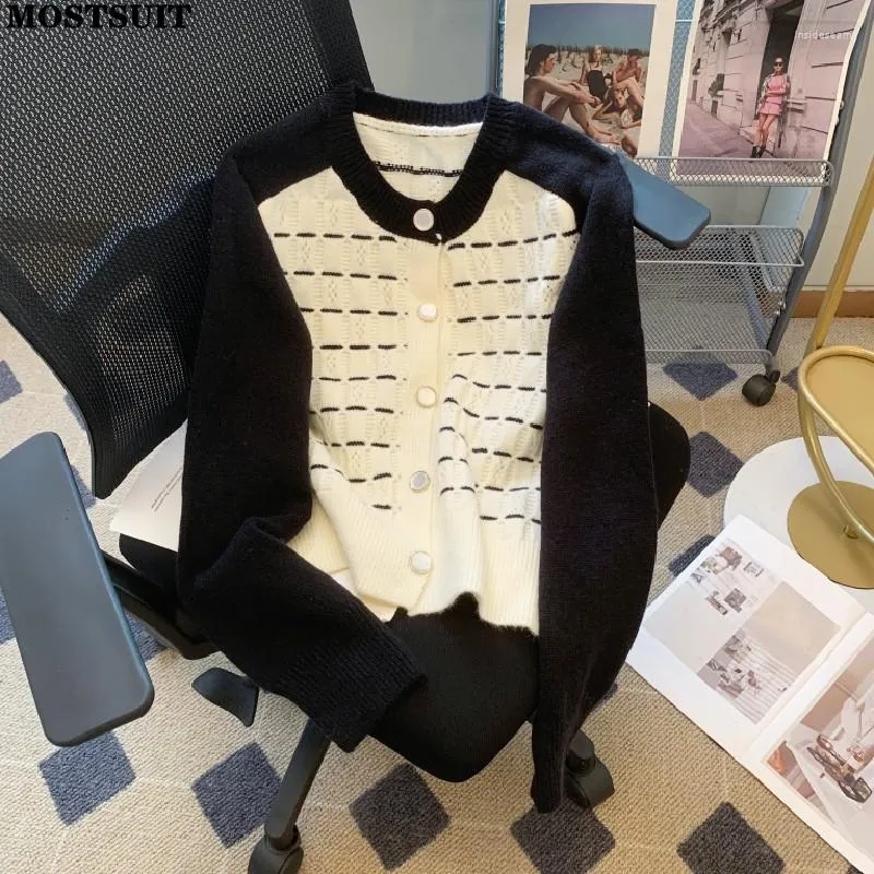 Suéteres de mujer Color-Bloqueado Rayado Punto Cardigan Suéter Mujer Manga larga O-Cuello Prendas de punto 2023 Otoño Invierno Vintage Elegante Elegante