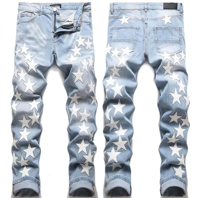 Jeans da uomo per uomo Pu Leather Stars Hip Hop Appliques Pantaloni Pantaloni a matita Stile Moda Slim Fit High Street Denim Maschio 230919