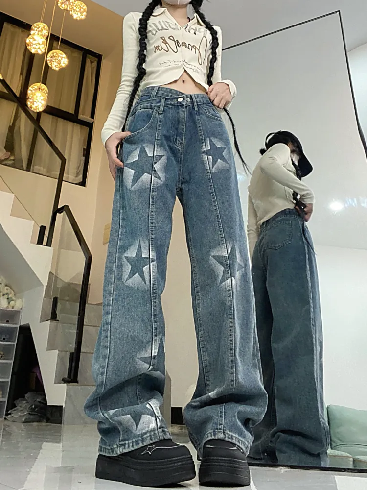 Damesjeans Amerikaanse retro-broek met sterpatroon Mode Hoge taille Rechte Demin-broek Y2K Niche-ontwerp Wijde pijpen Street chic 230918