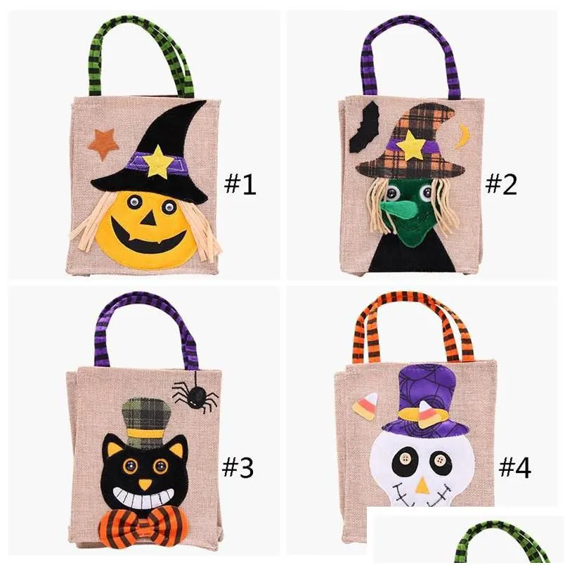 Autres fournitures de fête festive 500pcs 26x15cm Halloween Sac fourre-tout en lin Sacs de rangement de bonbons à la citrouille 4 styles Halloweens Décoration Sac à main DHX24