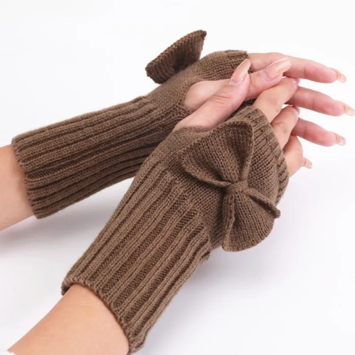 Kniteed Winterhandschuhe mit Schleife, gestrickt, warm, halbe Fingerlose Handschuhe, Damen, Stretch, fingerlose Fäustlinge, Mode-Accessoires