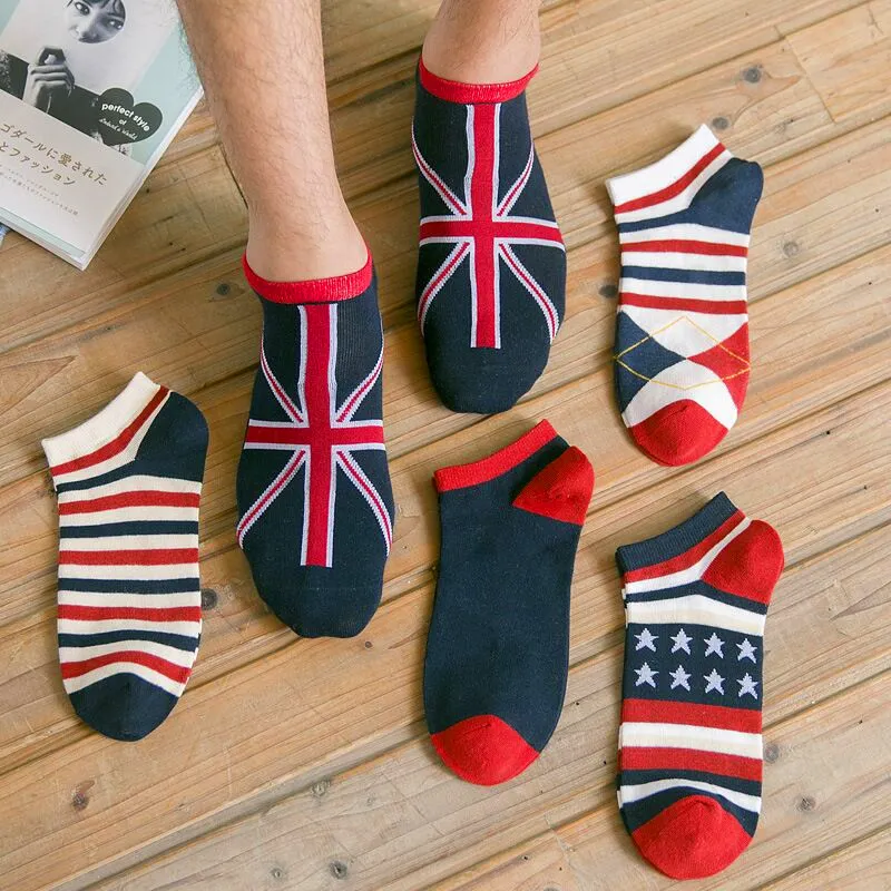 Men's Fashion National Flag Cotton Sock Slippers Breathable Male Non-Slip Invisible Boat Socks Striped Ankle Socks Meias