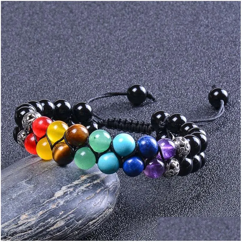 Chain 8Mm Yoga 7 Chakra Reiki Healing Crystal Gemstone Bracelet Hand Woven Double Layer Adjustable Beaded Lava Agate Bracelets Wristba Dhlw1