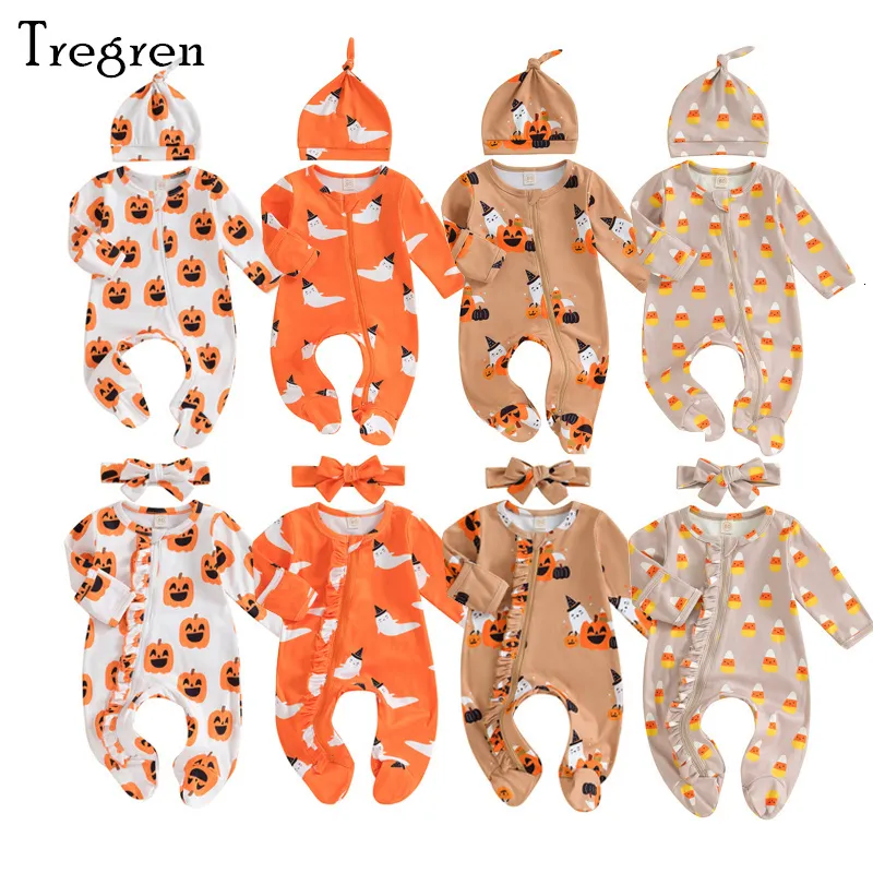 Rompers Tregren 06M born Baby Girls Boys Footies Halloween Pumpkin Ghost Print Crew Neck Long Sleeve Fall with HatHeadband 230919