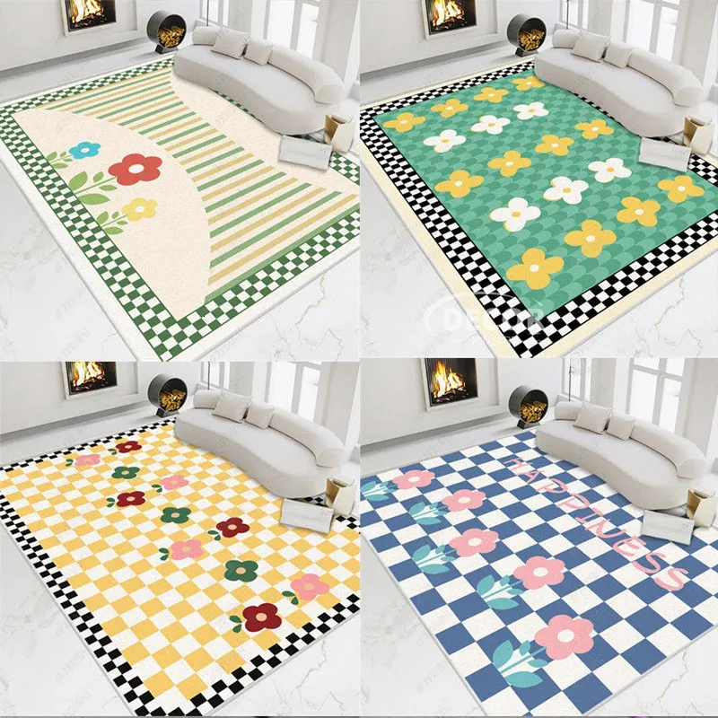 Mattor Checkerboard Flower Felt matta minimalistiska vardagsrum sovrummet sovrum non slip matta färsk pastoral stil studie fritid stor matta 230919