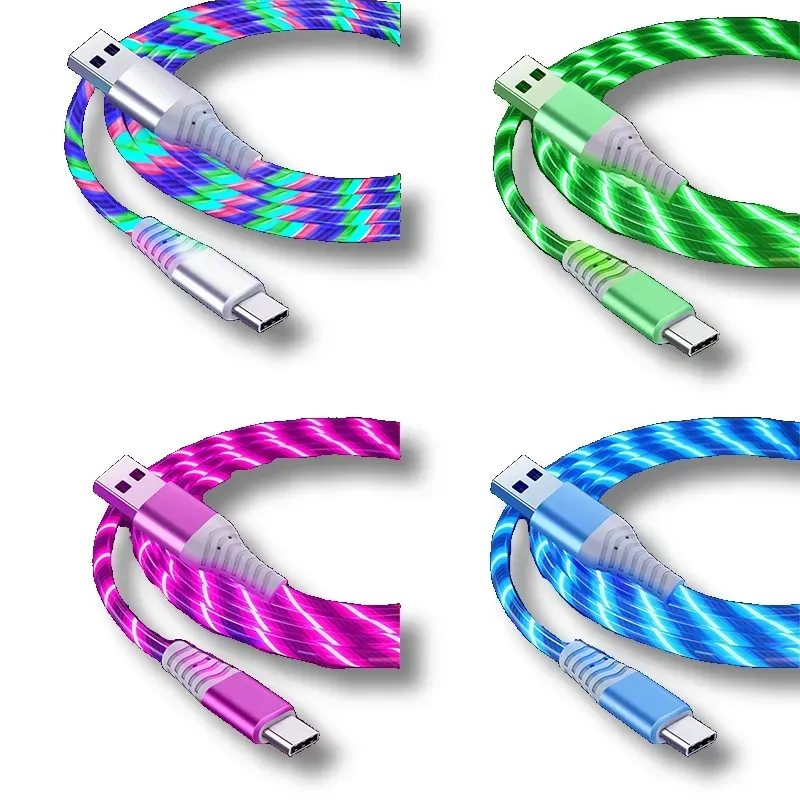 Fast Charging Cable 6A Glowing LED Cable Micro USB TypeC Data Cable Flowing Streamer Light LED USB C Cord for Samsung Xiaomi