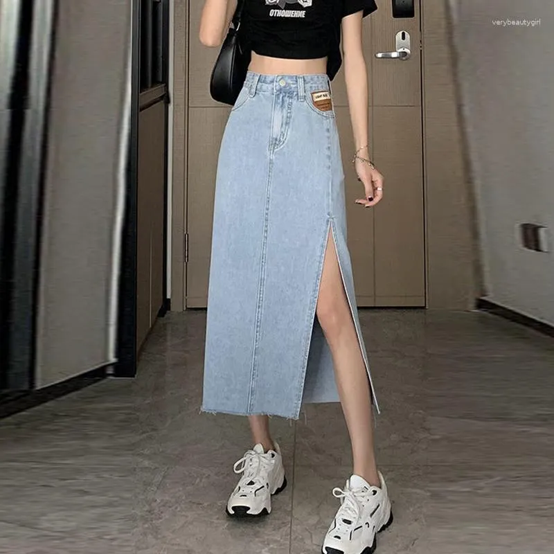 Gonne Primavera Estate Vintage Jeans a vita alta Donna A Line Split Fork Gonna di jeans femminile Coreano Street Wear Nero 2023