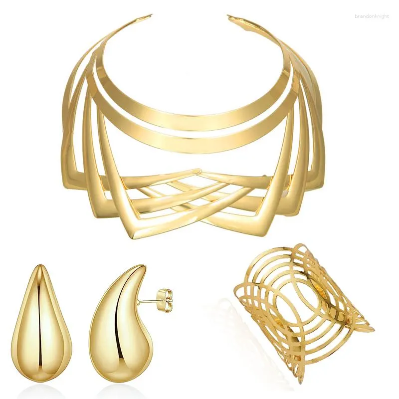 Halsband örhängen set afrikansk krage choker smycken för kvinnor guldpläterad chunky vatten droppe vintage smycken