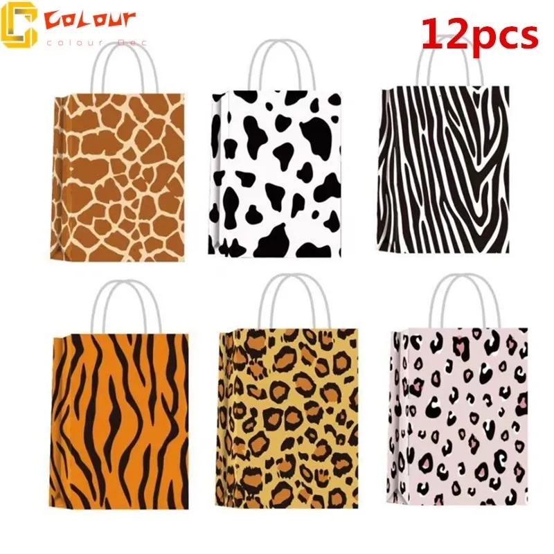 Decorative Objects Figurines 12pcs lot 22X15X8.2cm Leopard zebra cow Theme Birthday Party Paper Bag Gift Bags with Handles leopard printed paper bag 230919