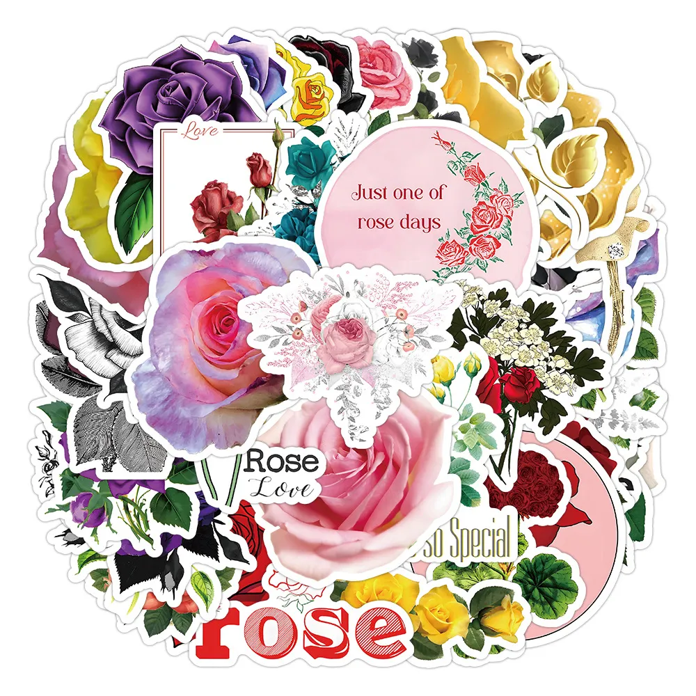 52pcs-pack Rose Stickers Vattentäta vinylklistermärken för bagagevattenflaska Laptop bilplanerare Scrapbooking Phone Mac Door Wall Decals