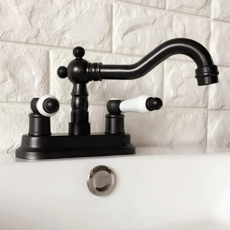 Bathroom Sink Faucets Black Oil Rubbed 4" Centerset Brass Kitchen Vessel Two Holes Basin Swivel Faucet Dual Handles Water Tap Ahg074