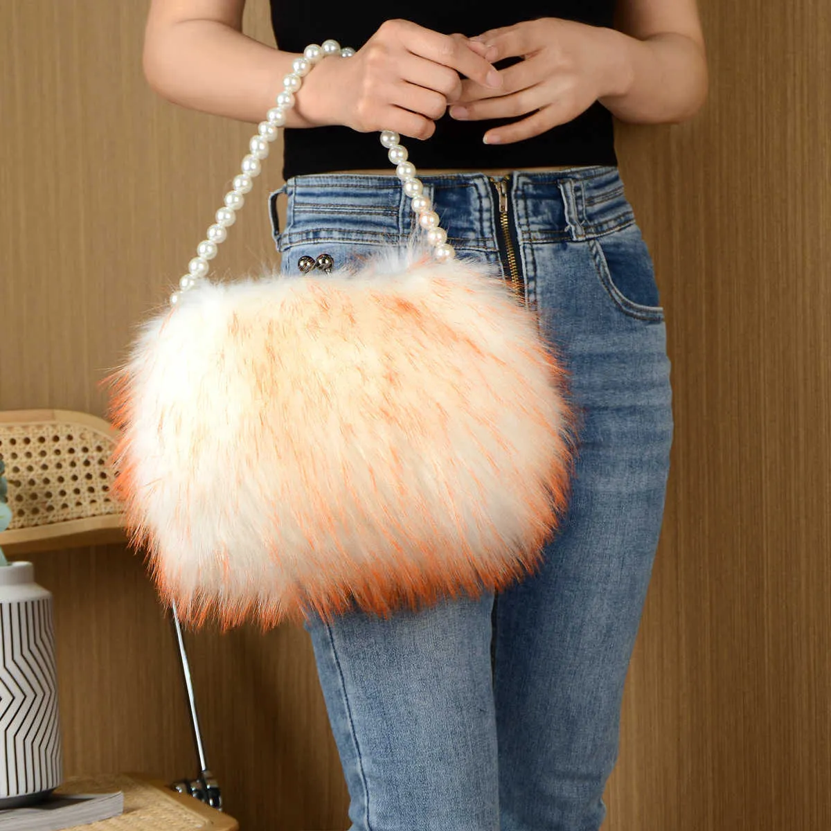 New faux fur plush bag, pearl chain handbag, shoulder bag, underarm bag, small and cute buckle bag 230919