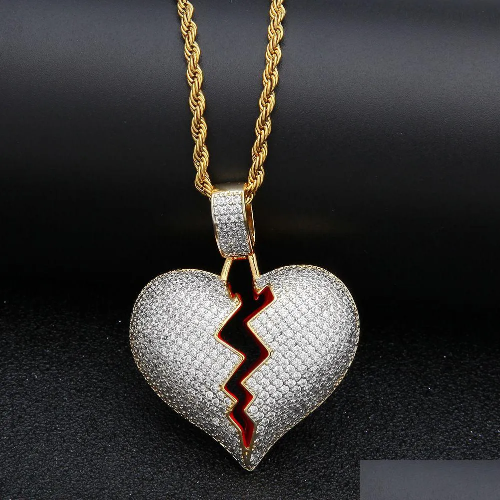 Colares Pingente Iced Out Cz Quebrado Amor Coração Bling Cubic Zirconia Gold Sier Charm Twisted Chain para Mulheres Homens Rapper Hip Hop Drop D Dhbz3