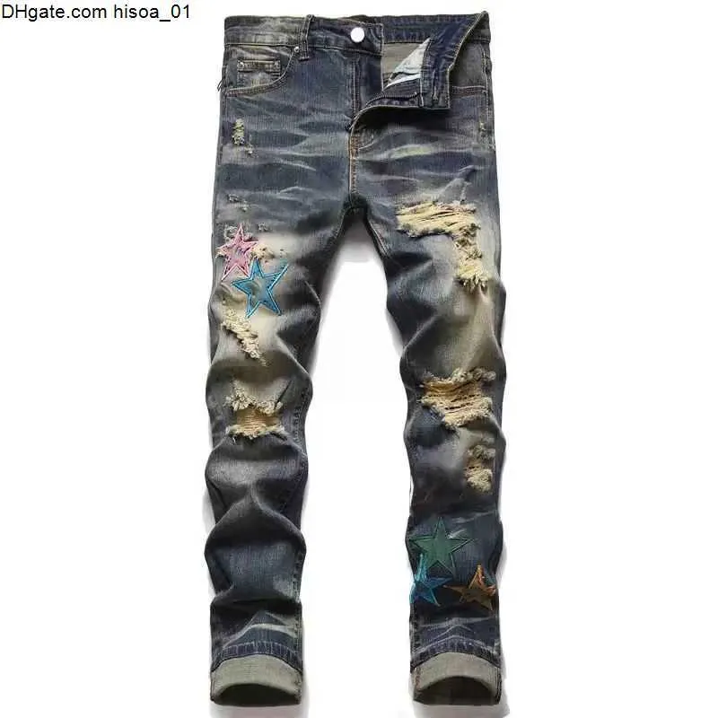 2022ss mens designer ripped jeans hip-hop high street fashion Top Quality Fashion stitching cycling motorcycle embroidery close-fitting slim pencil pants