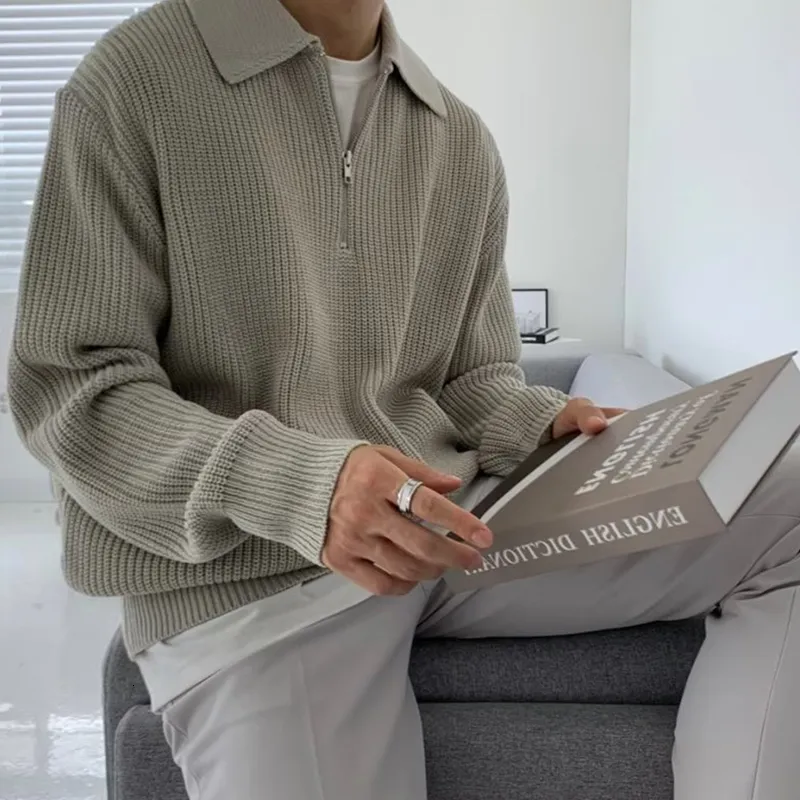 Suéter masculino outono lapela suéter masculino quente casual malha pullovers moda coreana solta zíper manga comprida jumper roupas 230918