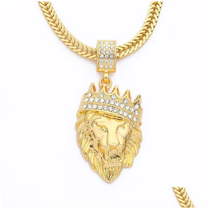 Hänge halsband herrar is ut lejonhuvud halsband bling kristall djur guld långa kedjor för kvinnor hip hop smycken droppleverans penda dh16g