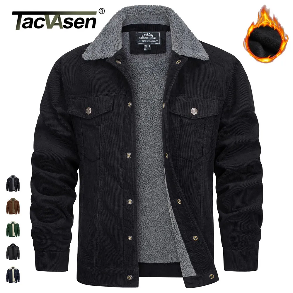 Men s jackor tacvasen förtjockar fleece foder herr corduroy jacka sherpa fodrad vinterrockar lastbils last arbetskläder multi ficka utkläder 230919